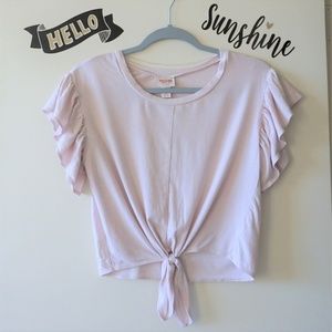 Blush Pink Front Knot Ruffle Sleeves Crop Tee XS